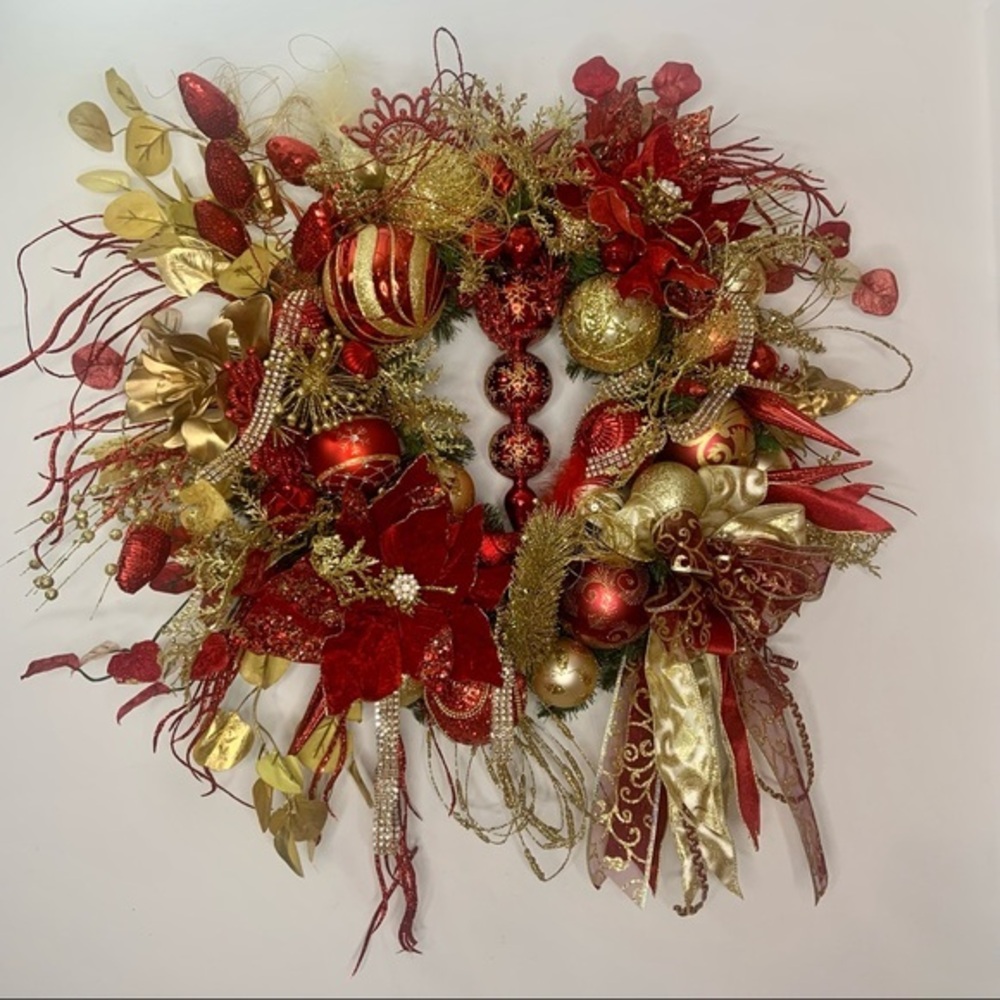 New Elegant Large Christmas Red Gold Sparkling Poinsettia Door Wall Wreath